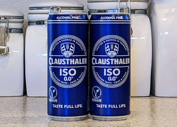 Cans of Germany's Clausthaler ISO 0.0, a non-alcoholic beer