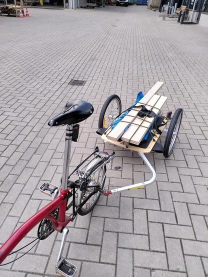 A bike trailer behind a red and black Brompton. The trailer has two lengths of ash wood on the top, and a blue IKEA bag under the wood. All held in place with green bungees. 

The bike and trailer are on a block paved area.