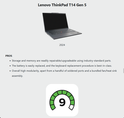 Lenovo ThinkPad T14 Gen 5 (released in 2024) has a ifixit repairability score of 9/10. 

Some pros:

    Storage and memory are readily repairable/upgradeable using industry-standard parts.
    The battery is easily replaced, and the keyboard replacement procedure is best-in-class.
    Overall high modularity, apart from a handful of soldered ports and a bundled fan/heat sink assembly.