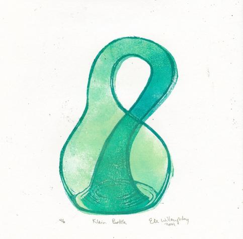 This is a hand-carved and hand-printed image of the famous mathematical object, the Klein bottle, printed in a gradient of yellow-green to blue-green on paper 8" by 8" (20.3 cm by 20.3 cm).