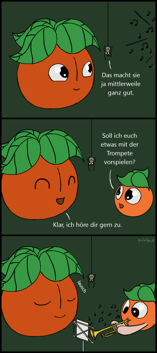 ein Tomaten-Comic bei dem die kleine Tomate auf ihrer Trompete übt und dann der großen Tomate und der Spinne etwas vorspielt, wobei beide genießend zuhören