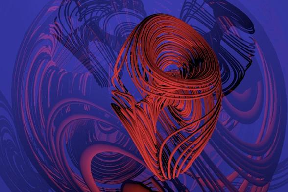 A looping, strange spaghetti monster floating in space. It has a metallic red look, and there are shadows and reflections of it against a deep blue background.