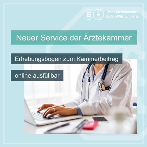 Symbolbild „Ärztin sitzt am Laptop“. Dazu der Text: Neuer Service der Ärztekammer. Erhebungsbogen zum Kammerbeitrag online ausfüllbar.