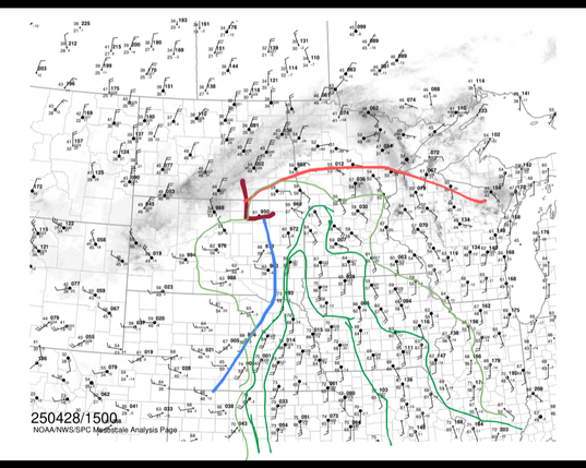 Hand analysis of the surface map over the Northern Plains just after 10:30 a.m. on April 28, 2025.  It shows a low pressure center in northeast South Dakota, a warm front extending east over central Minnesota and far northern Wisconsin, and a cold front south over eastern South Dakota and eastern Nebraska. Dew point readings are over 65 degrees ahead of the cold front, with over 60 degree readings as far east as southwest Minnesota and central Iowa.