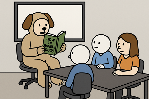 manager reads in front of its employe a book how to handle dogs while being in a dog costume while the employees are humans