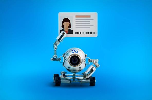 Petit robot avec le logo de Meta lisant les données d'une carte d'identité
