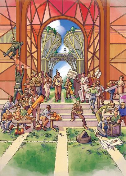 Commando Jugendstil's take on the School of Athens, with activists, engineers, architects and gardeners replacing the philosophers, while working on a beautiful stained glass building