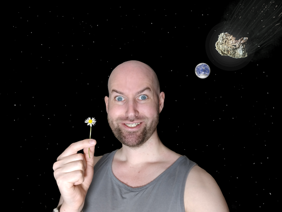 Some dipshit in space holding a daisy. In the background, an asteroid is about to smash into the earth.