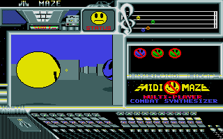 A screen capture of MidiMaze, an early multiplayer FPS shooter on Atari ST. The players appear as big smiley spheres in a 3D labyrinth.