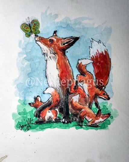 Painting of fox family