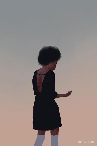 An illustration of a woman in a black dress from behind.