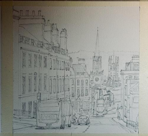 A pencil sketch depicting a street scene with buildings, vehicles, and church towers in the background. The artwork captures a perspective view of a sloped street with buses, cars, and pedestrians.