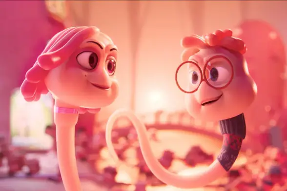 Two cute sperm - a boy and a girl - animated in the style of Pixar
