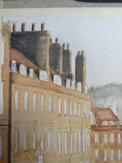 Watercolor painting depicting the rooftops of buildings with multiple chimneys. The structure features stone buildings and white window frames, lit by a low sun set against a soft, light background. The overall tone is warm and atmospheric.