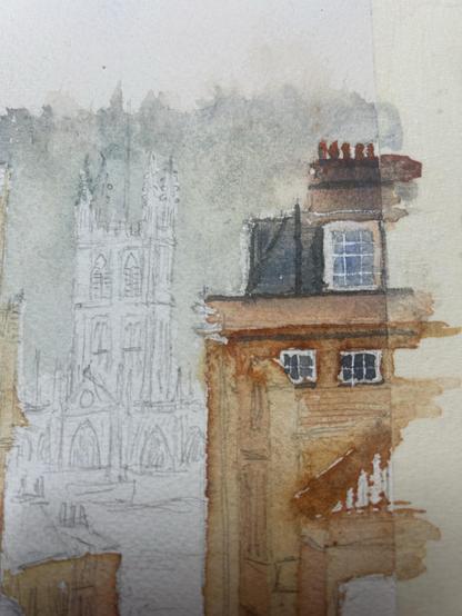 A watercolor painting featuring architectural elements, including a partially sketched church with spires and a detailed building on the right side. Soft colors blend in the background, creating a misty atmosphere.