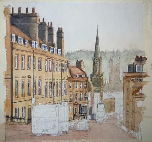 A watercolor painting depicting a Bath street scene featuring historic buildings with multiple chimneys, a church spire, and vehicles on a hilly road. In the background we can see a hill in the distance. There are vehicles still in pencil waiting to be painted.