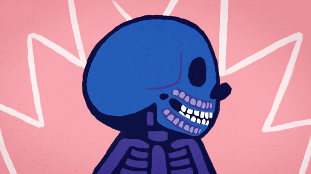An animated blue skull with visible teeth is displayed against a pink background with white starburst lines, featuring the BBC Ideas logo in the top left corner.