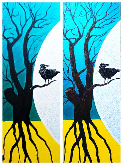 Das gleiche Gemälde (ein schwarz wirkender Baum vor blaugrünem Himmel mit Wurzeln im gelben Boden und einer Rabenkrähe auf einem Ast) links noch grob und unstrukturiert gemalt und rechts bereits ausgearbeitet mit dezentem Einsatz bunter Farben und Lichtreflexen an Rinde und Ästen sowie mit detailliertem Gefieder der Krähe.