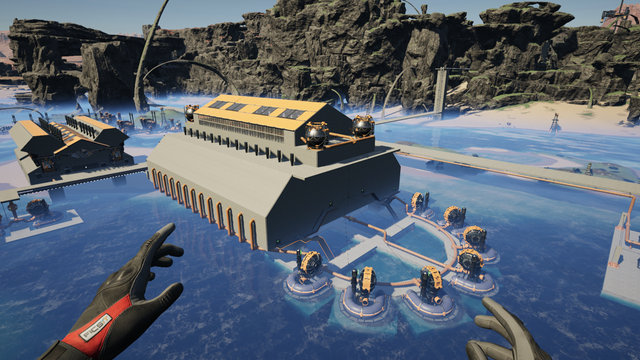 Flying past the Diluted Fuel Facility with its semicircle of water extractors. The Heavy Oil Refinery is on the right.