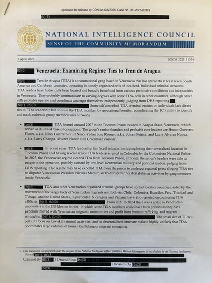 A document titled "Venezuela: Examining Regime Ties to Tren de Aragua," dated April 7, 2025, from the National Intelligence Council. It discusses the Tren de Aragua (TDA) gang, its criminal…