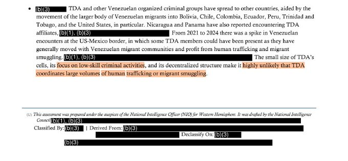 Document discussing Venezuelan organized criminal groups, their spread across various countries, and their activities related to low-skill crime. It notes the unlikely involvement of TDA in large-scale human trafficking or migrant smuggling due to its structure and focus.