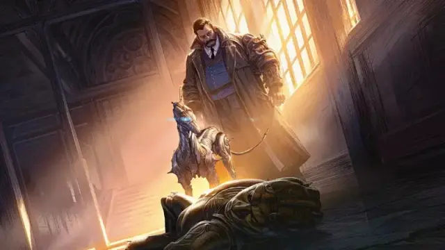 Official art from the new DnD sourcebook "Eberron: Forge of the Artificer," featuring an Inquisitive and his warforged dog investigating a dead warforged.