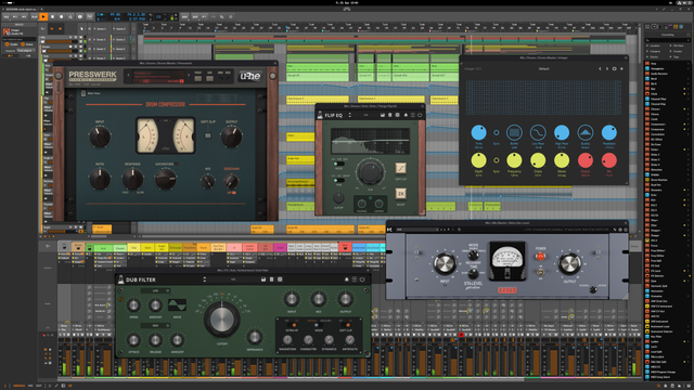 Screen grab of a modern Linux based DAW (in this case Bitwig Studio) and a bunch of native Linux plugins running on Manjaro Linux GNOME.