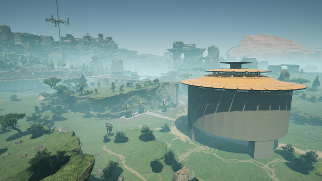 A large round silo-like building with a flattened cone roof stands on thick concrete columns in the green fields. The space elevator can be seen against the cliffs in the background.