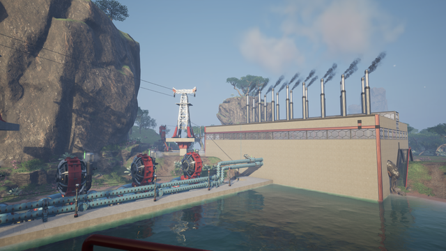 Satisfactory game screenshot. A blocky power plant, trimmed in copper, the roof festooned with smoking chimneys, on the edge of a lake.