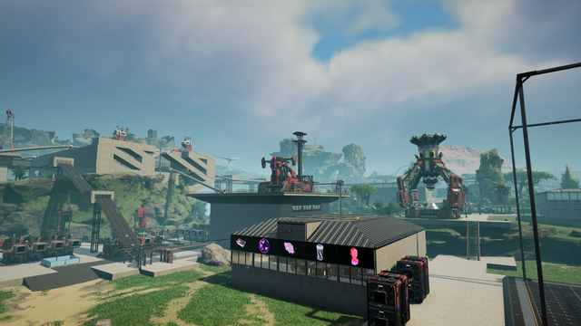 Satisfactory game screenshot, Base area with several blocky bulidings & conveyors stretching off into the distance.
