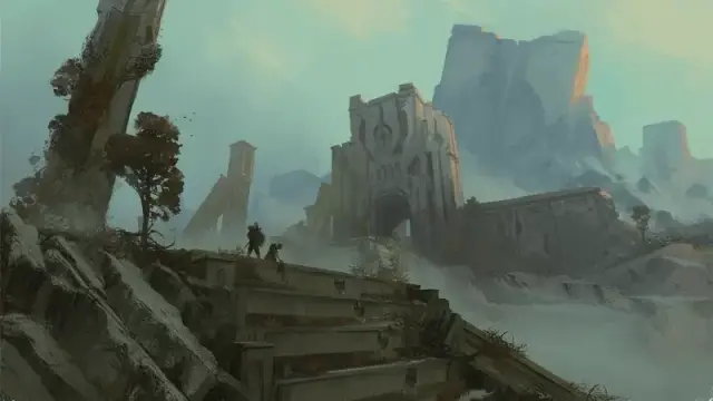 Official DnD artwork, featuring two adventurers walking over a set of massive ancient ruins.