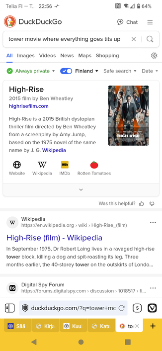 I have searched for "tower movie where everything goes tits up" and DDG has correctly found High-Rise (2015).