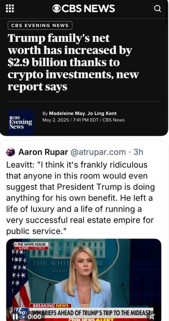 CBS EVENING NEWS
Trump family's net worth has increased by $2.9 billion thanks to crypto investments, new report says
 May 2, 2025/ 7:41 PM EDT / CBS News

News @ Aaron Rupar @atrupar.com - 3h Leavitt: "l think it's frankly ridiculous that anyone in this room would even suggest that President Trump is doing anything for his own benefit. He left a life of luxury and a life of running a very successful real estate empire for public service."
