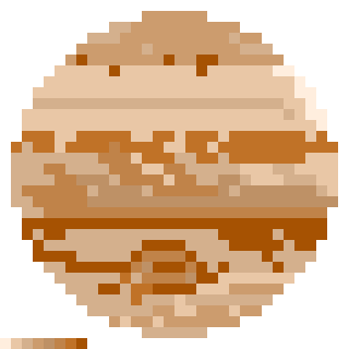 An 8-bit pixel art of Jupiter.  You see different shades of orange lines making up different sections of the planet. You can see the famous storm at the bottom in a darker orange shade.