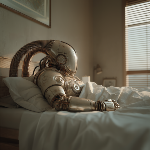 Midjourney Prompt: ethereal sleeping octopus-shaped robot made of brushed steel and brass, curled up in a regular IKEA bed with white sheets and pillows, in a simple suburban bedroom with beige walls and IKEA furniture, soft morning light streaming through venetian blinds, cinematic lighting, photorealistic, highly detailed --stylize 750 --v 7