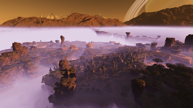 From the top of the tower around the Space Elevator I can see most of my Green Fields buildings over the top of Snake Tree Forest. The evening bathes the world in a soft pink light.