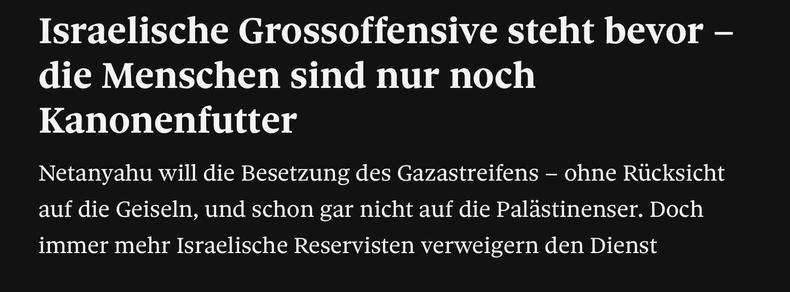 Screenshot eines Onlineartikels:
„Israelische Grossoffensive steht bevor – die Menschen sind nur noch Kanonenfutter
Netanyahu will die Besetzung des Gazastreifens – ohne Rücksicht auf die Geiseln, und schon gar nicht auf die Palästinenser. Doch immer mehr Israelische Reservisten verweigern den Dienst“