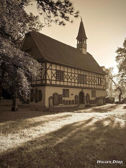 Blick auf eine kleine, historische Kapelle mit Fachwerk auf dem Alten Friedhof in Gießen. Umgeben von alten Bäumen und Grabsteinen liegt die Kapelle im sanften Frühlingslicht. Der Schattenwurf der Äste und das warme Licht erzeugen eine stille, nachdenkliche Atmosphäre voller Würde und Vergänglichkeit.