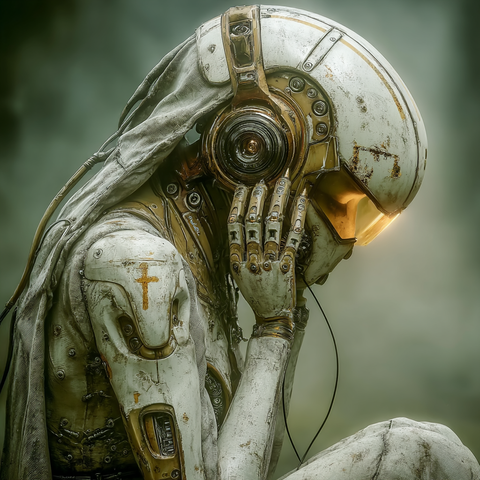 Midjourney Prompt: ethereal sleeping robot in biomechanical form, holding left ear with mechanical hand, dramatic cinematic lighting, intricate details, surreal dreamlike atmosphere, science fiction concept art, volumetric fog, ultra high detail, ethereal glow --raw --stylize 750 --v 7