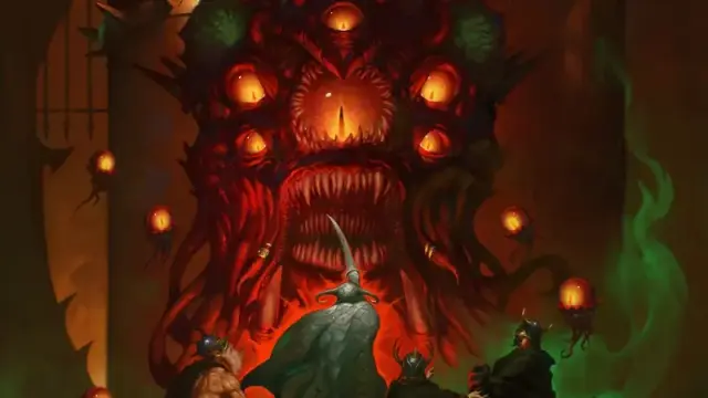 Official art from the MCDM book "Flee, Mortals," featuring a group of heroes confronting a massive multi-eyed monster in a dungeon.