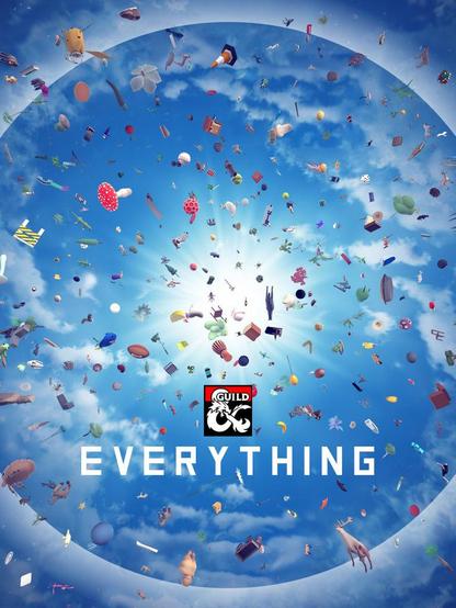 The blue sky with clouds and several dozen random household objects flung from the center, which sits just above the Dungeon Masters Guild logo and the word 'Everything'