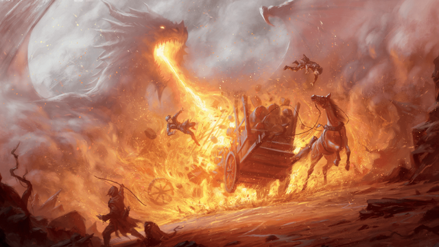 DnD artwork featuring a dragon breathing artwork on a wagon filled with adventurers.