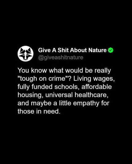 Give A Shit About Nature
@giveashitnature 

You know what would be really "tough on crime"? Living wages, fully funded schools, affordable housing, universal healthcare, and maybe a little empathy for those in need.