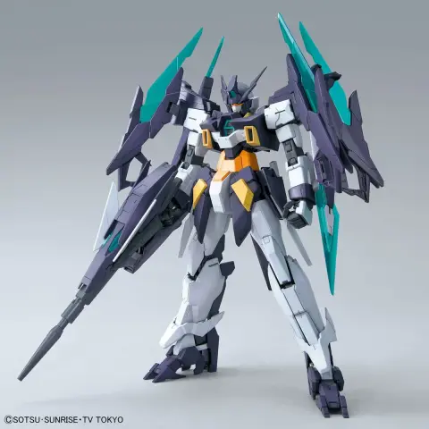 the model standing,  holding  a large laser weapon , facing the viewer