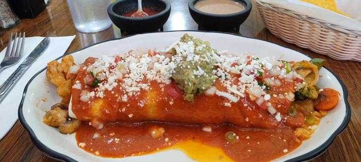 Giant veggie burrito with red sauce