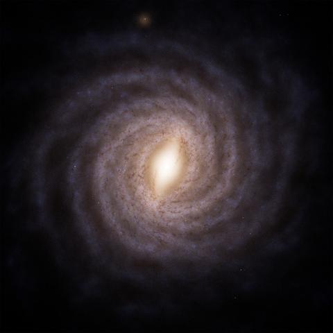 2025 May 13
A dark field surrounds a spiral galaxy with multiple arms. Please see the explanation for more detailed information.

Gaia Reconstructs a Top View of our Galaxy
 * Illustration Credit: ESA, Gaia, DPAC, Stefan Payne-Wardenaar

Explanation:
What does our Milky Way Galaxy look like from the top? Because we are on the inside, humanity can’t get an actual picture. Recently, however, just such a map has been made using location data for over a billion stars from ESA’s Gaia mission. The resulting featured illustration shows that just like many other spiral galaxies, our Milky Way has distinct spiral arms. Our Sun and most of the bright stars we see at night are in just one arm: Orion. Gaia data bolsters previous indications that our Milky Way has more than two spiral arms. Our Galaxy's center sports a prominent bar. The colors of our Galaxy's thin disk derive mostly from dark dust, bright blue stars, and red emission nebula. Although data analysis is ongoing, Gaia was deactivated in March after a succession mission.

Authors & editors: Robert Nemiroff (MTU) & Jerry Bonnell (UMCP)
NASA Official: Amber Straughn Specific rights apply.
NASA Web Privacy, Accessibility, Notices;
A service of: ASD at NASA / GSFC,
NASA Science Activation
& Michigan Tech. U.