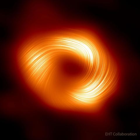2024 April 1
A donut-shaped orange figure is seen with lines extending along the emission in a swirling pattern. Please see the explanation for more detailed information.

Swirling Magnetic Field around Our Galaxy's Central Black Hole
 * Image Credit: EHT Collaboration

Explanation: 
What's happening to the big black hole in the center of our galaxy? It is sucking in matter from a swirling disk -- a disk that is magnetized, it has now been confirmed. Specifically, the black hole's accretion disk has recently been seen to emit polarized light, radiation frequently associated with a magnetized source. Pictured here is a close-up of Sgr A*, our Galaxy's central black hole, taken by radio telescopes around the world participating in the Event Horizon Telescope (EHT) Collaboration. Superposed are illustrative curved lines indicating polarized light likely emitted from swirling magnetized gas that will soon fall into the 4+ million solar mass central black hole. The central part of this image is likely dark because little light-emitting gas is visible between us and the dark event horizon of the black hole. Continued EHT monitoring of this and M87's central black hole may yield new clues about the gravity of black holes and how infalling matter creates disks and jets. 

Authors & editors: Robert Nemiroff (MTU) & Jerry Bonnell (UMCP)
NASA Official: Amber Straughn Specific rights apply.