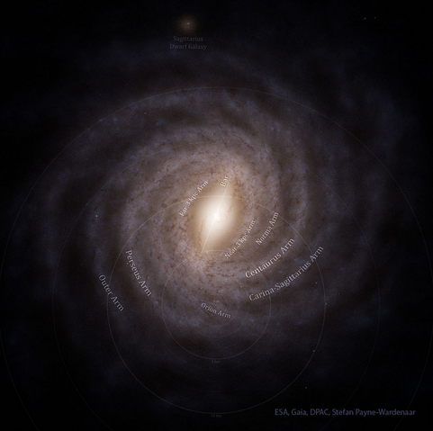 2025 May 13
A dark field surrounds a spiral galaxy with multiple arms. Please see the explanation for more detailed information.

Gaia Reconstructs a Top View of our Galaxy
 * Illustration Credit: ESA, Gaia, DPAC, Stefan Payne-Wardenaar
** image version with description 

Explanation:
 What does our Milky Way Galaxy look like from the top? Because we are on the inside, humanity can’t get an actual picture. Recently, however, just such a map has been made using location data for over a billion stars from ESA’s Gaia mission. The resulting featured illustration shows that just like many other spiral galaxies, our Milky Way has distinct spiral arms. Our Sun and most of the bright stars we see at night are in just one arm: Orion. Gaia data bolsters previous indications that our Milky Way has more than two spiral arms. Our Galaxy's center sports a prominent bar. The colors of our Galaxy's thin disk derive mostly from dark dust, bright blue stars, and red emission nebula. Although data analysis is ongoing, Gaia was deactivated in March after a succession mission.