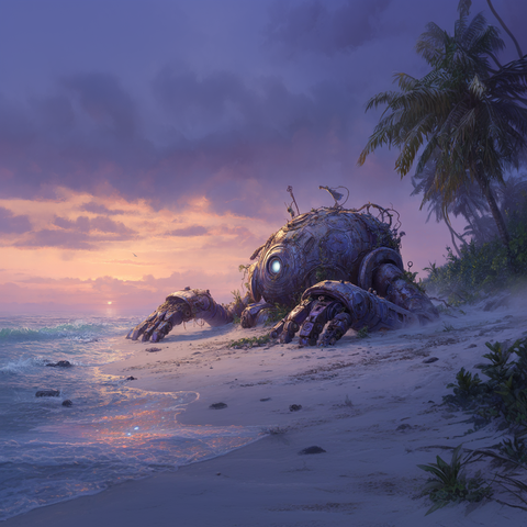 Midjourney Prompt: A gentle dawn scene of a peculiar broken-down steampunk robot resting peacefully on a secluded tropical beach, its crystalline body shaped like a blend of jellyfish and vintage radio, half-buried in pristine white sand, bioluminescent parts dimly glowing, morning mist rolling in, pastel sky with soft orange and lavender hues, gentle waves, ultra-detailed, cinematic lighting, volumetric fog, photorealistic, 8k --ar 1:1 --profile o89hupk --v 7