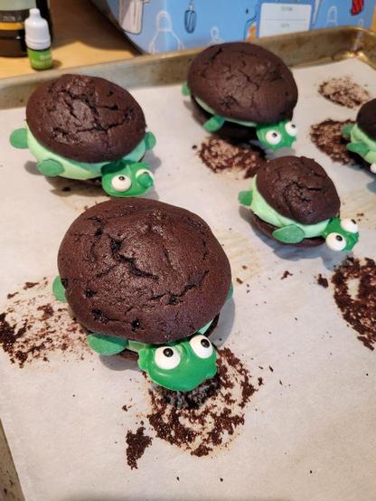 Chocolate whoopee pies decorated to look like turtles with green chocolate heads and flippers, sugar eyes, and green butter cream filling.